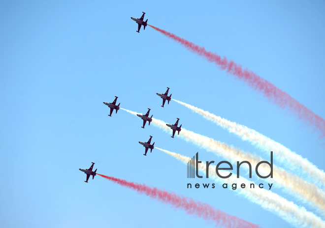 Turkish fighters over the Baku bay. Azerbaijan, Baku, June 26 , 2018
