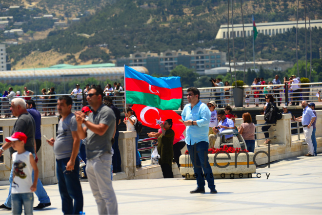 Turkish fighters over the Baku bay. Azerbaijan, Baku, June 26 , 2018
