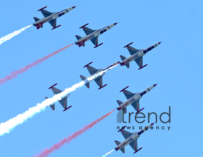 Turkish fighters over the Baku bay. Azerbaijan, Baku, June 26 , 2018
