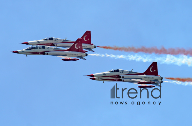 Turkish fighters over the Baku bay. Azerbaijan, Baku, June 26 , 2018
