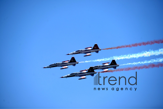 Turkish fighters over the Baku bay. Azerbaijan, Baku, June 26 , 2018
