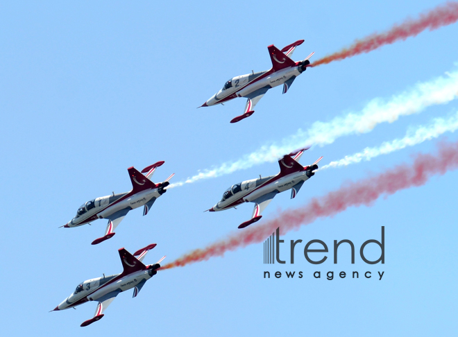 Turkish fighters over the Baku bay. Azerbaijan, Baku, June 26 , 2018
