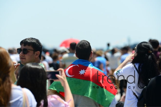 Turkish fighters over the Baku bay. Azerbaijan, Baku, June 26 , 2018
