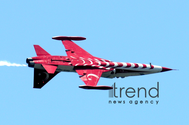 Turkish fighters over the Baku bay. Azerbaijan, Baku, June 26 , 2018
