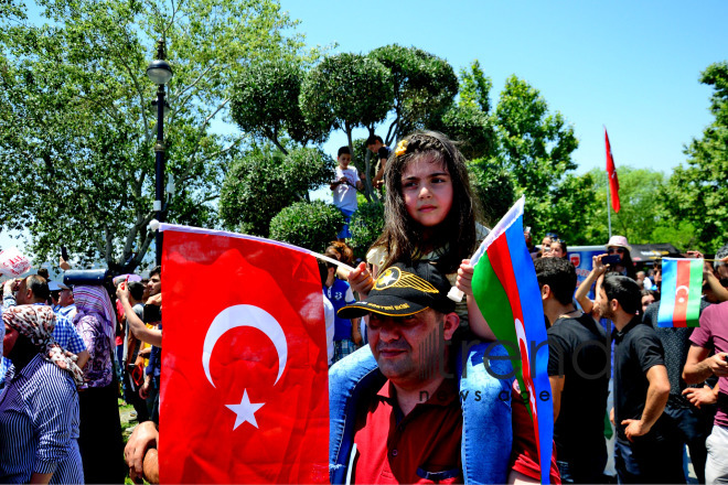 Turkish fighters over the Baku bay. Azerbaijan, Baku, June 26 , 2018
