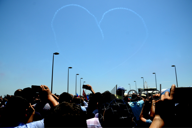 Turkish fighters over the Baku bay. Azerbaijan, Baku, June 26 , 2018
