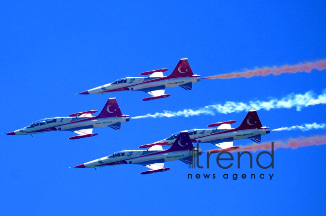 Turkish fighters over the Baku bay. Azerbaijan, Baku, June 26 , 2018
