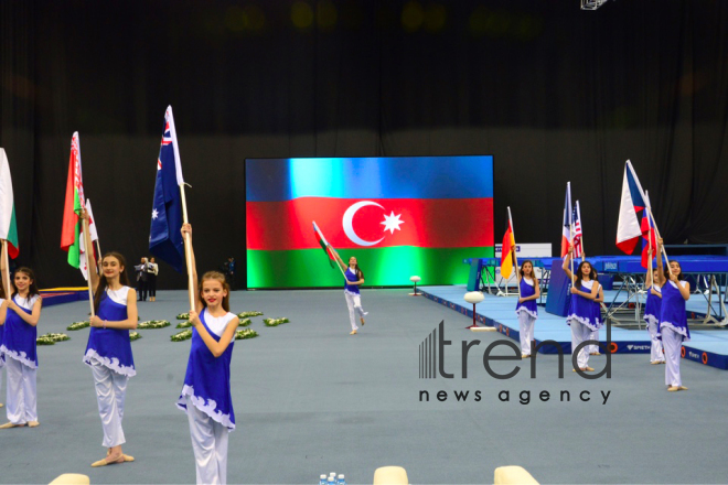 Milli Gimnastika Arenasında batut gimnastikası və tamblinq üzrə Dünya Kubokunun açılış mərasimi keçirilib .Azərbaycan Bakı 16  Fevral 2019