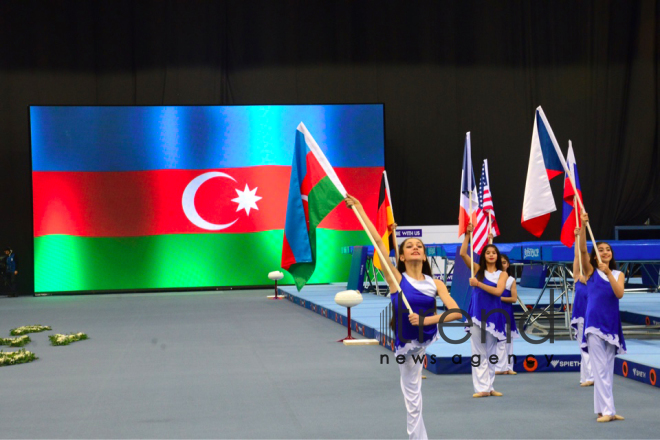 Milli Gimnastika Arenasında batut gimnastikası və tamblinq üzrə Dünya Kubokunun açılış mərasimi keçirilib .Azərbaycan Bakı 16  Fevral 2019