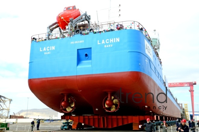 New oil tanker launched in Azerbaijan. Azerbaijan Baku 21 February 2019