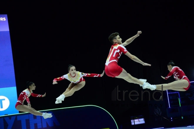 Finals of 11th European Aerobic Gymnastics Championships kicks off in Baku. Azerbaijan, Baku, may 26 2019
