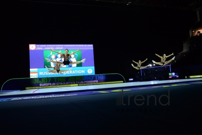 Finals of 11th European Aerobic Gymnastics Championships kicks off in Baku. Azerbaijan, Baku, may 26 2019
