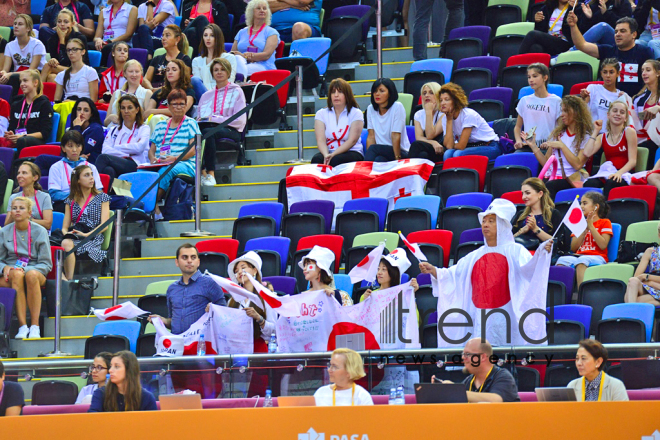 Bədii gimnastika üzrə 37- ci dünya çempionatının çoxnövçülük üzrə finalı start götürüb. Azərbaycan, Bakı, 20 sentyabr 2019