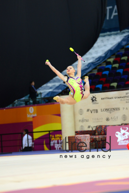 Bədii gimnastika üzrə 37- ci dünya çempionatının çoxnövçülük üzrə finalı start götürüb. Azərbaycan, Bakı, 20 sentyabr 2019