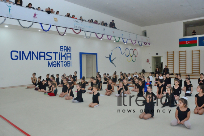 Members of Azerbaijans national rhythmic gymnastics team meet with young athletes.Azerbaijan Baku 19 december 2019