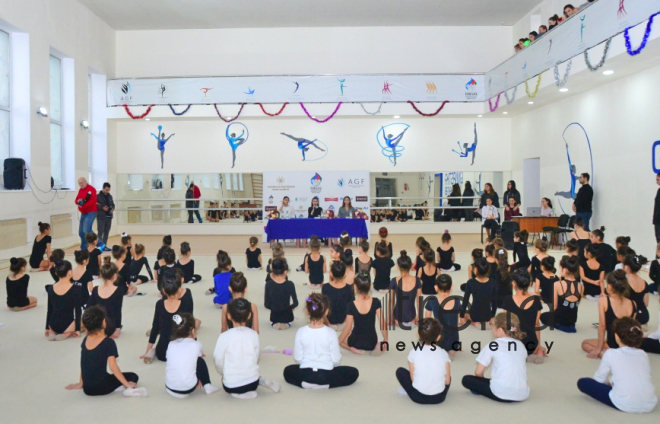 Members of Azerbaijans national rhythmic gymnastics team meet with young athletes.Azerbaijan Baku 19 december 2019