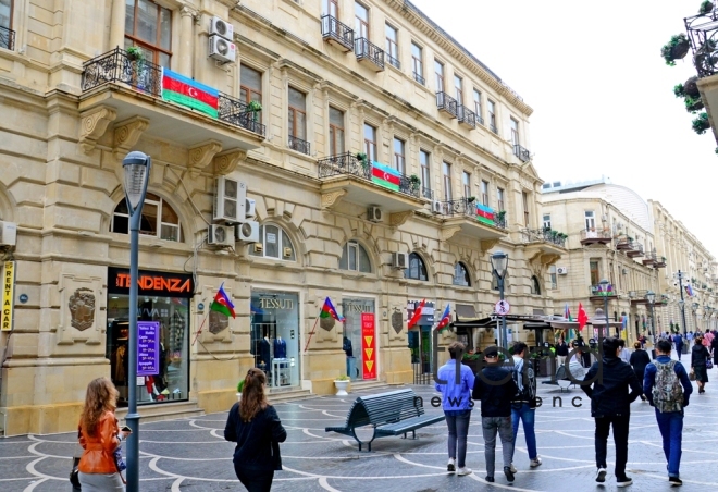 Baku is decorated with the tricolor flag of Azerbaijan Azerbaijan Baku October 14 2020