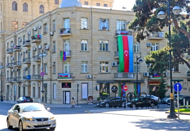 Baku is decorated with the tricolor flag of Azerbaijan Azerbaijan Baku October 14 2020