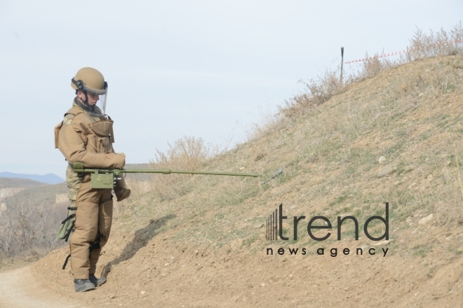 The territory of Azerbaijani Fuzuli district liberated from Armenian occupation being cleared of mines and unexploded ordnance. Fuzuli Azerbaijan 26  January  2021